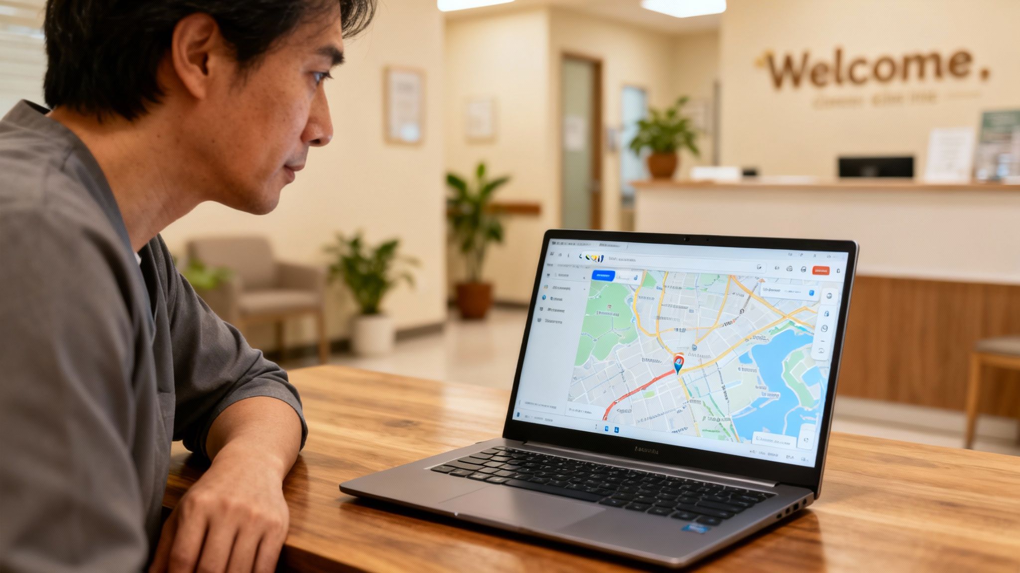 Clinic owner using a laptop with Google Maps visible.