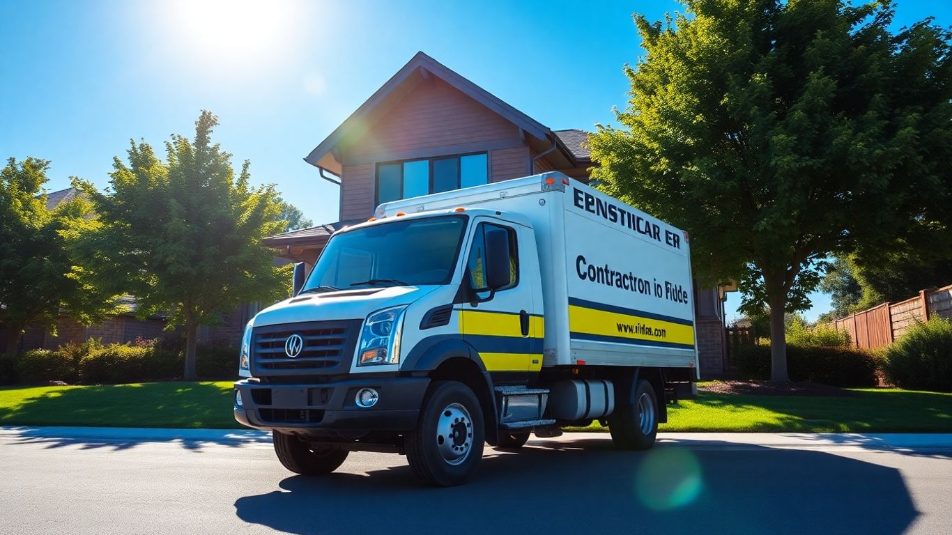 Contractor truck outside a modern house with trees and sky.