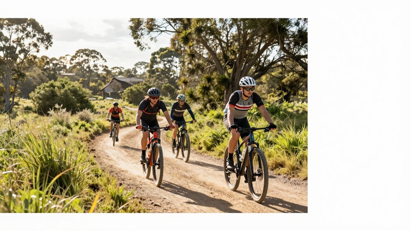 Cyclists riding dirt trails at Boomerang Farm Bike Park.