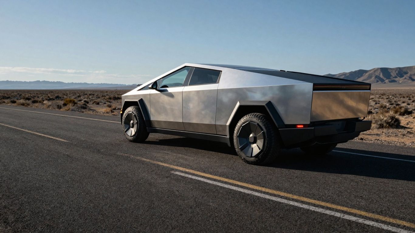 2025 Tesla Cybertruck driving on an open road.