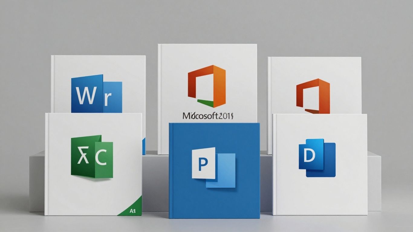Cajas de licencias de Office 2019 y claves digitales.
