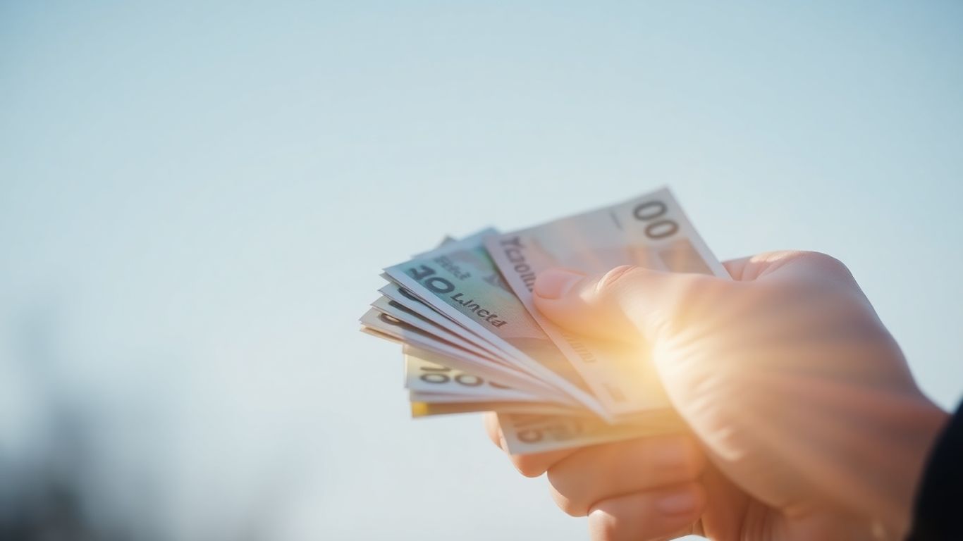 Stack of banknotes held in hand.