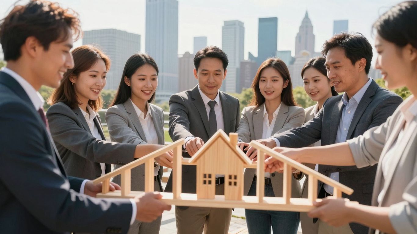 Business people and community members building a bridge together.