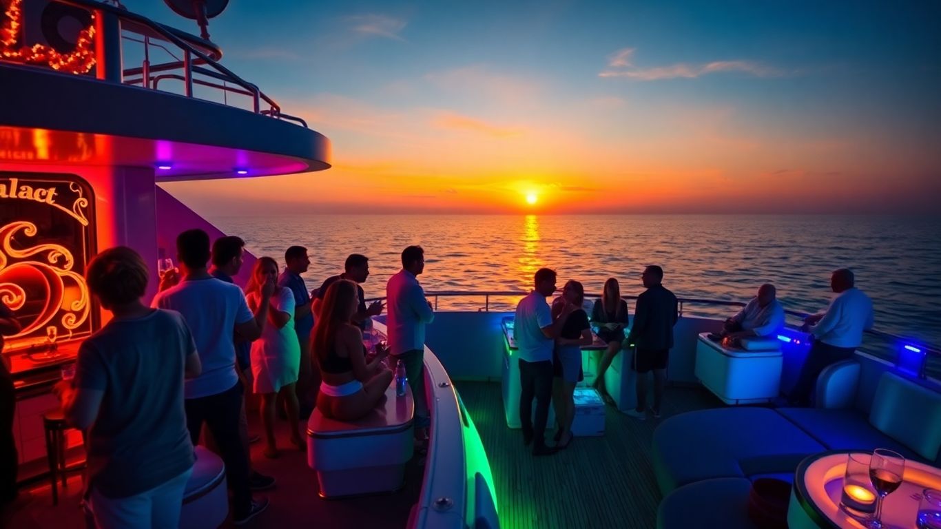 Luxury yacht party celebration at sunset