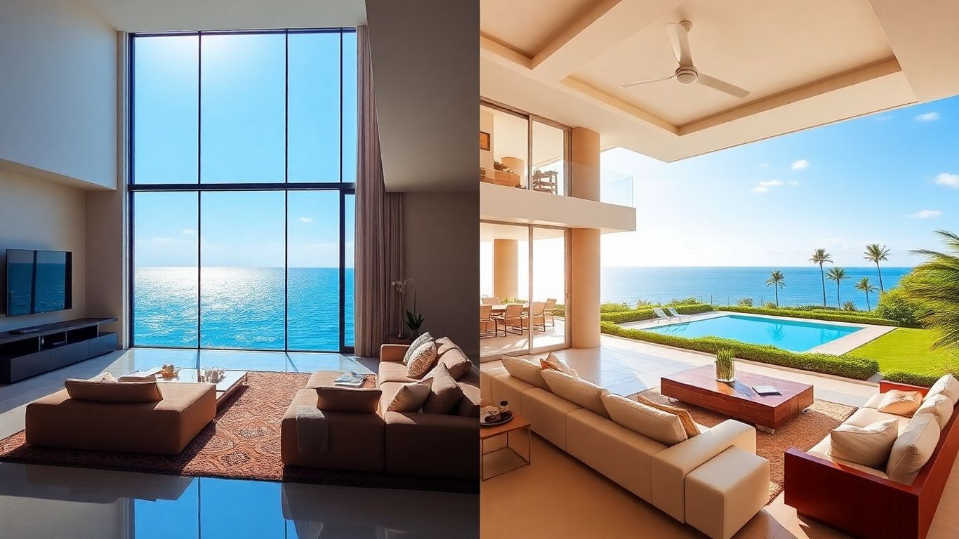 Luxury condo interior versus private villa with pool.