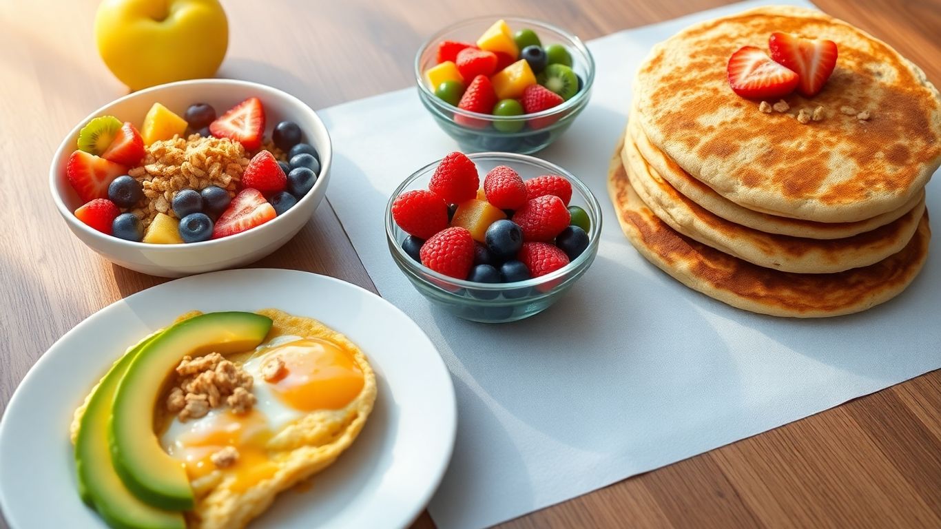 Healthy weight loss breakfast bowls and pancakes.