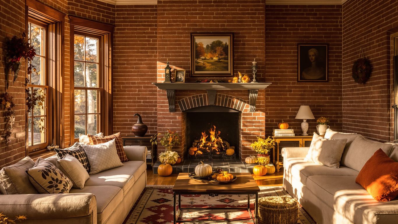 Historic home interior with fall decor and warm lighting.