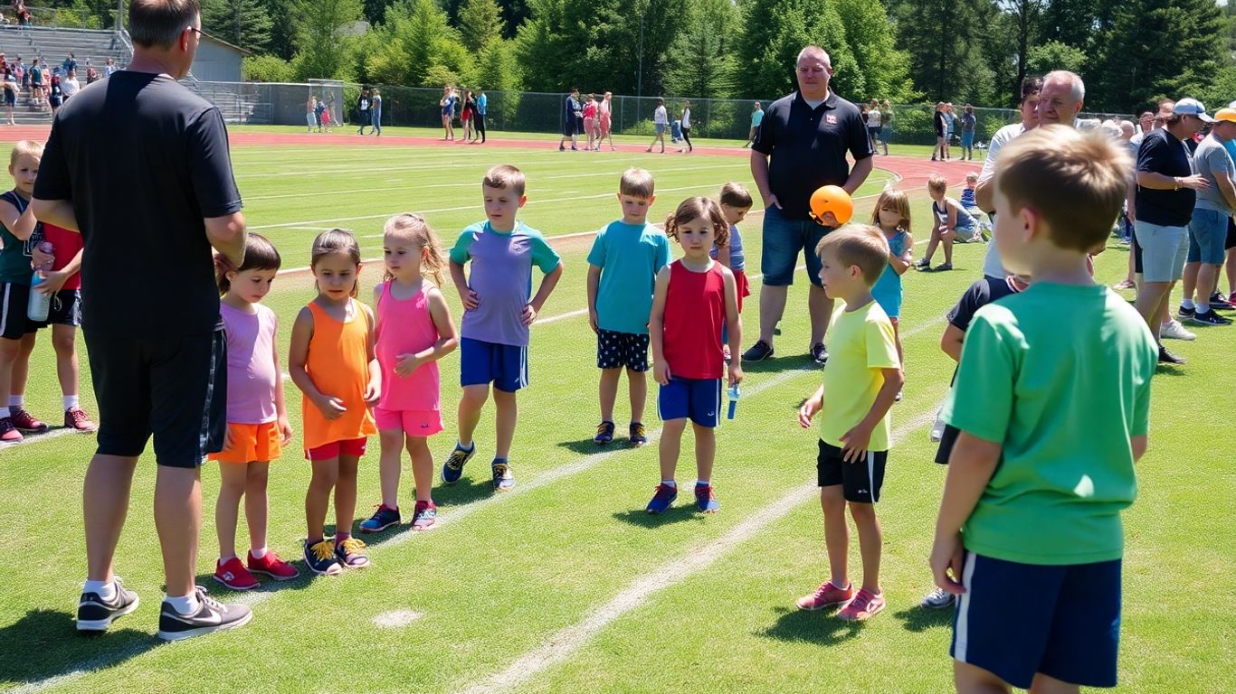Children in colourful track uniforms at sports field 2025