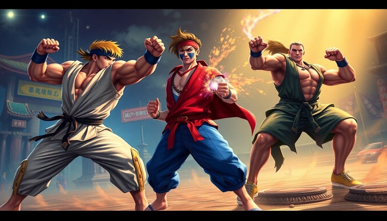 Arte vibrante mostrando personagens icônicos da franquia Street Fighter como Ryu, Chun-Li e Ken em um cenário de luta clássico