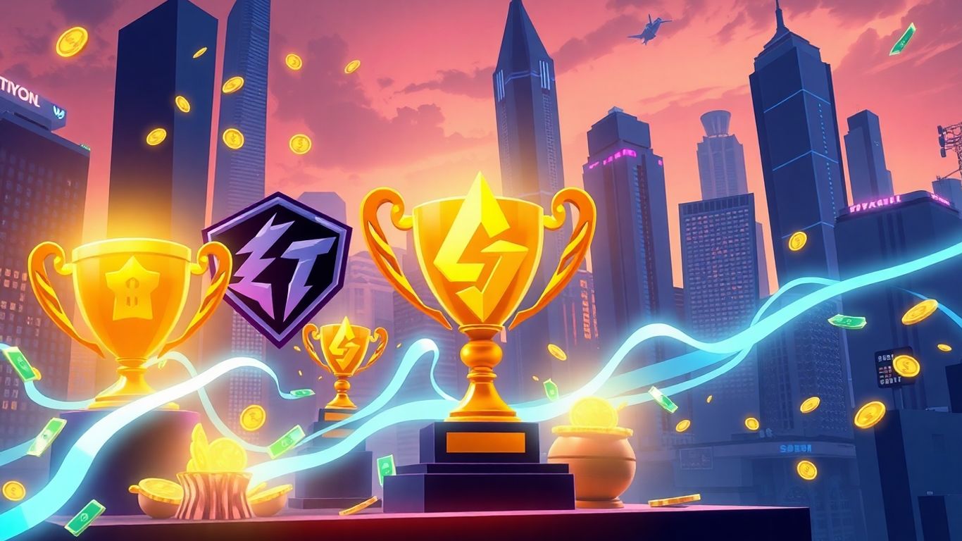 Esports organization logos with trophies and digital currency.
