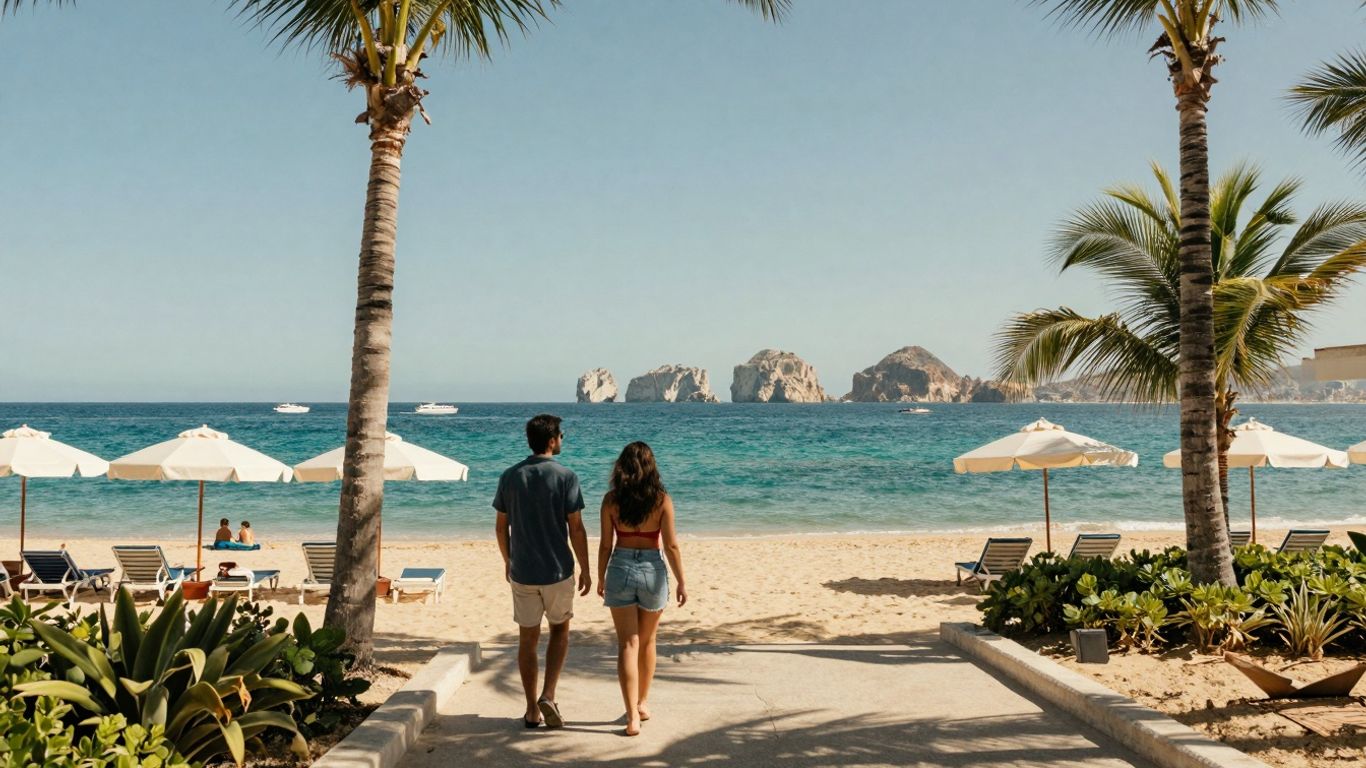 Couple walking away from resort on Cabo beach.