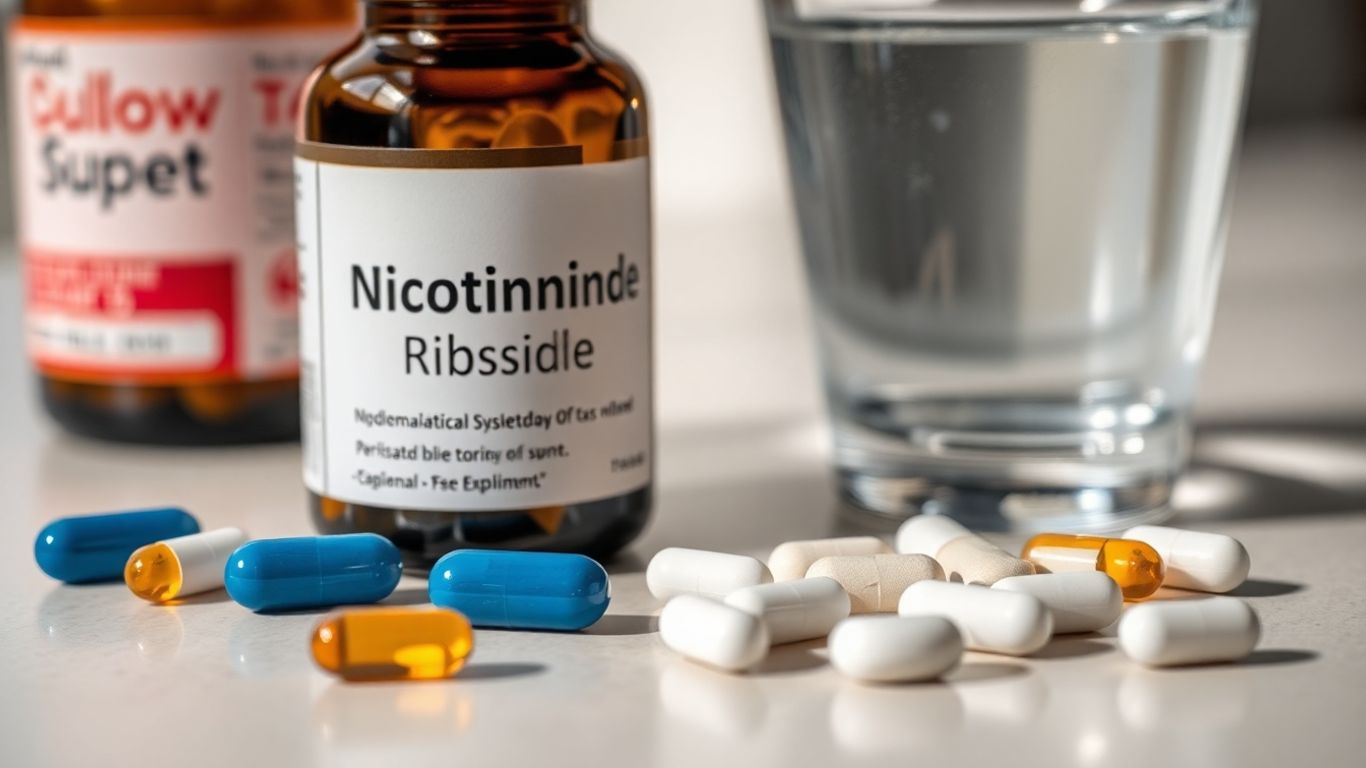 Supplement capsules with Nicotinamide Riboside bottle and water.