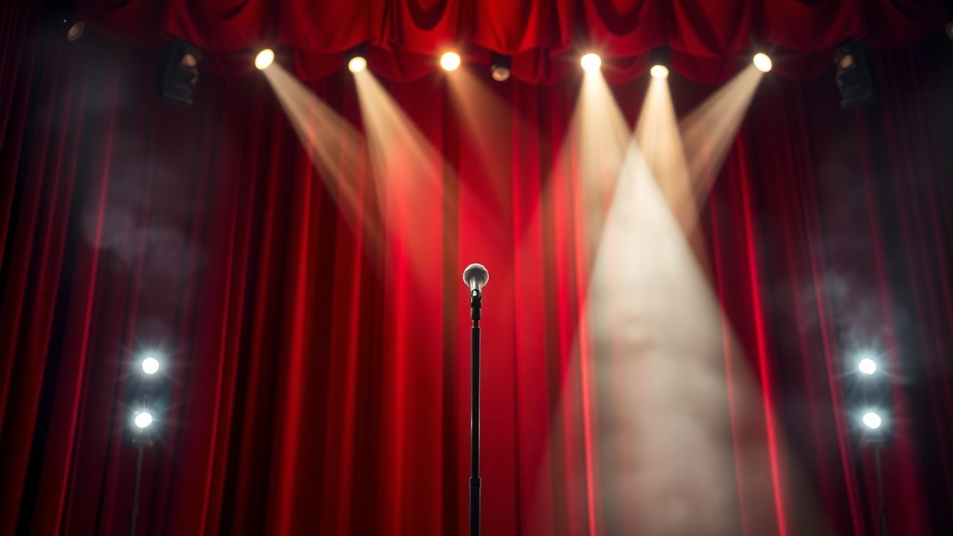 Empty comedy stage with red curtains and spotlight