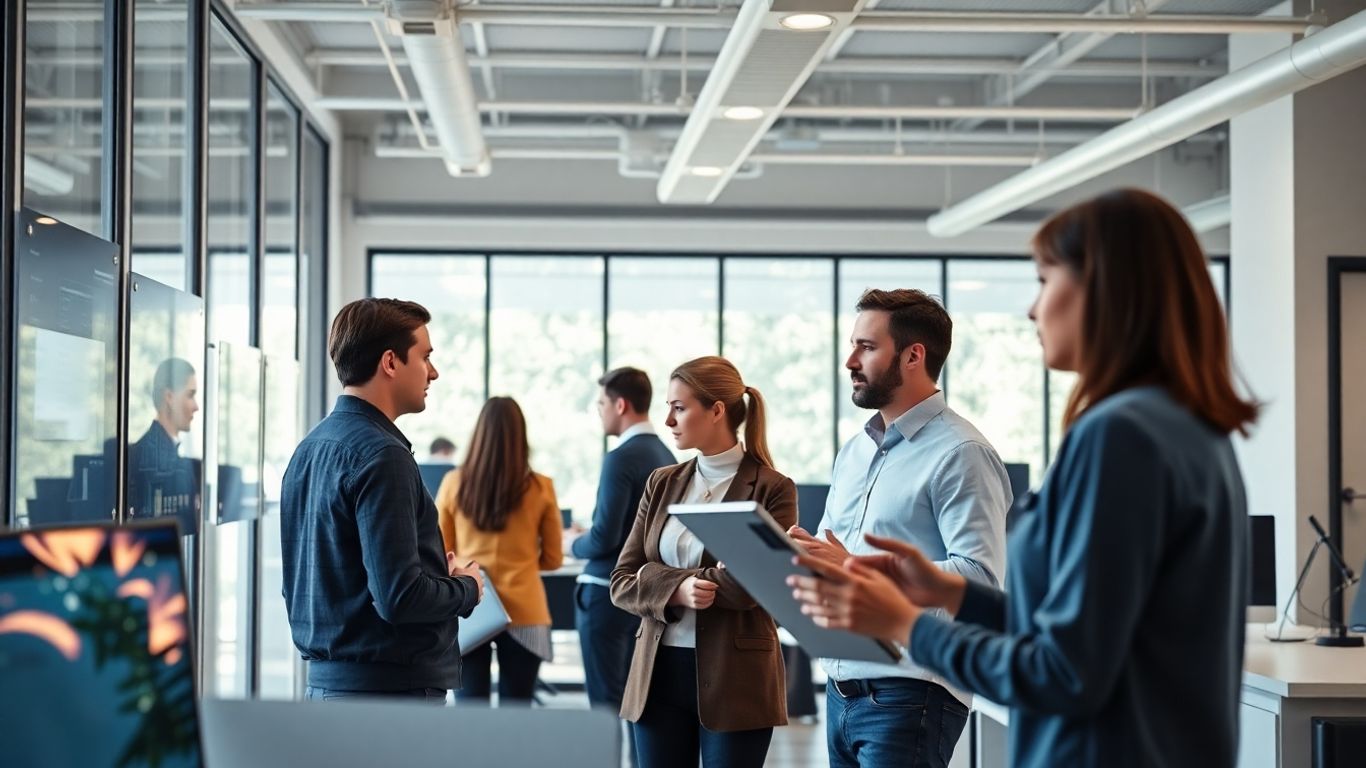 Team collaborating in a bright, modern office environment.