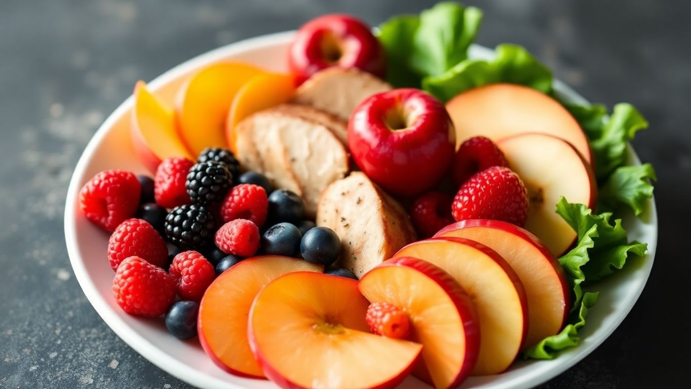 Healthy cardiac diet plate with fruits, vegetables, and protein.