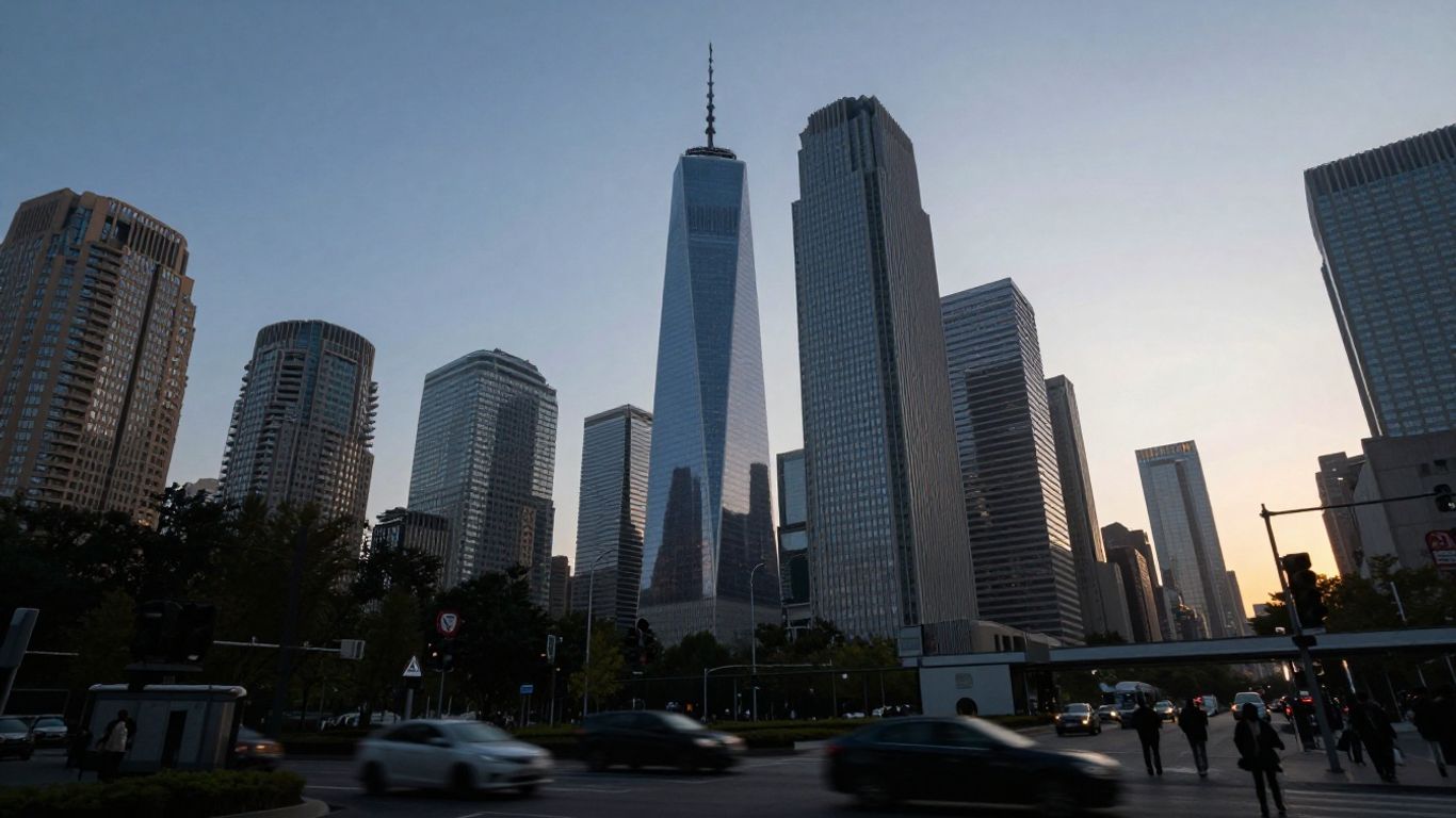 Cityscape at dawn with financial market energy.