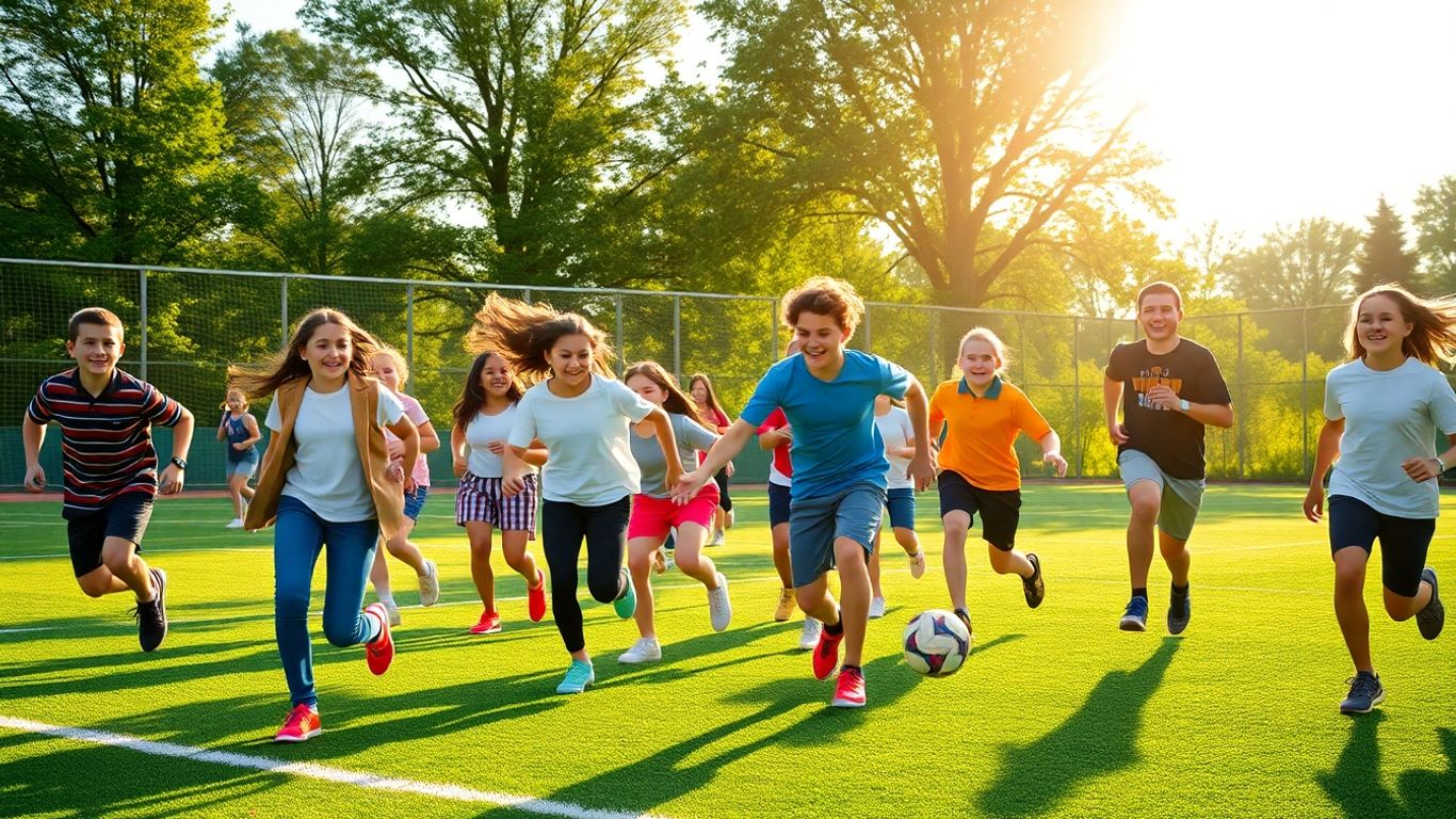 Schüler spielen begeistert ein Sportspiel auf einem Feld.