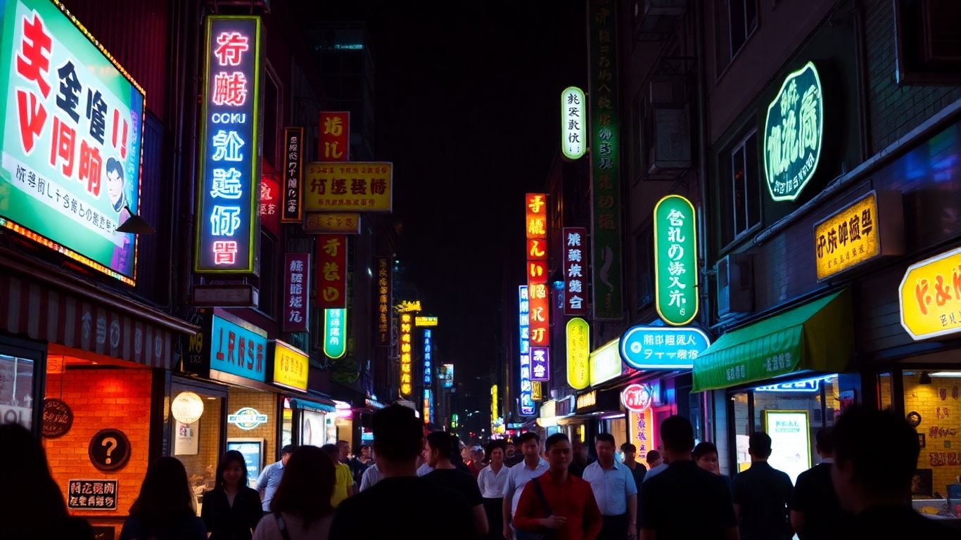 Daegu street at night with neon lights and people.