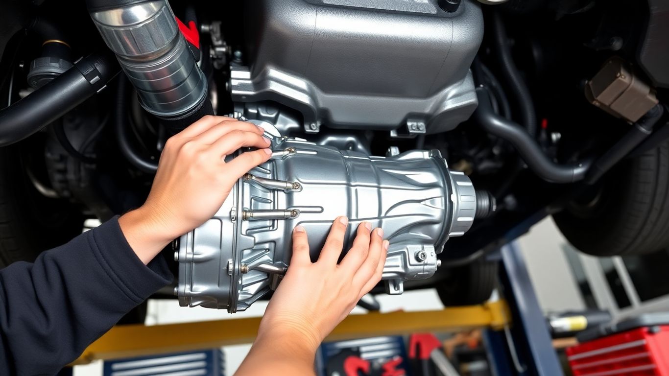 Mechanic installing a CVT transmission in a car.