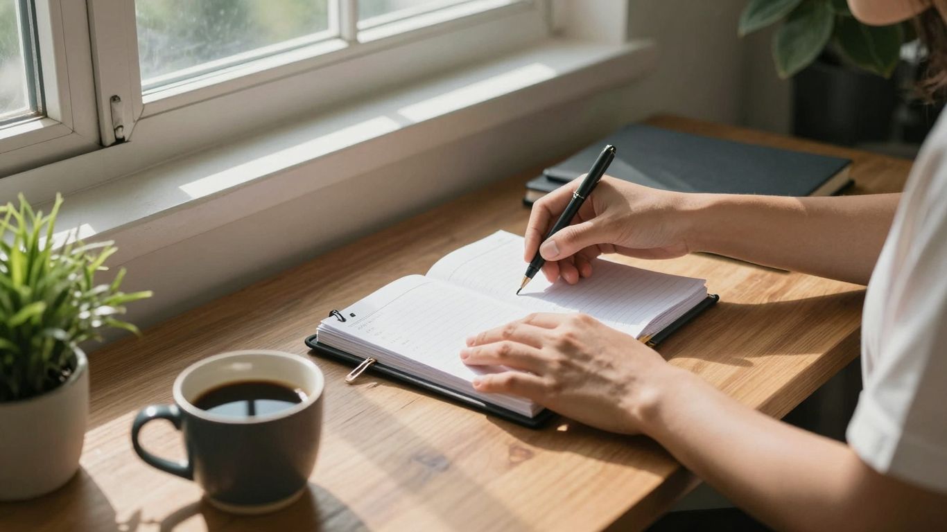 Persoană organizând un birou pentru productivitate.