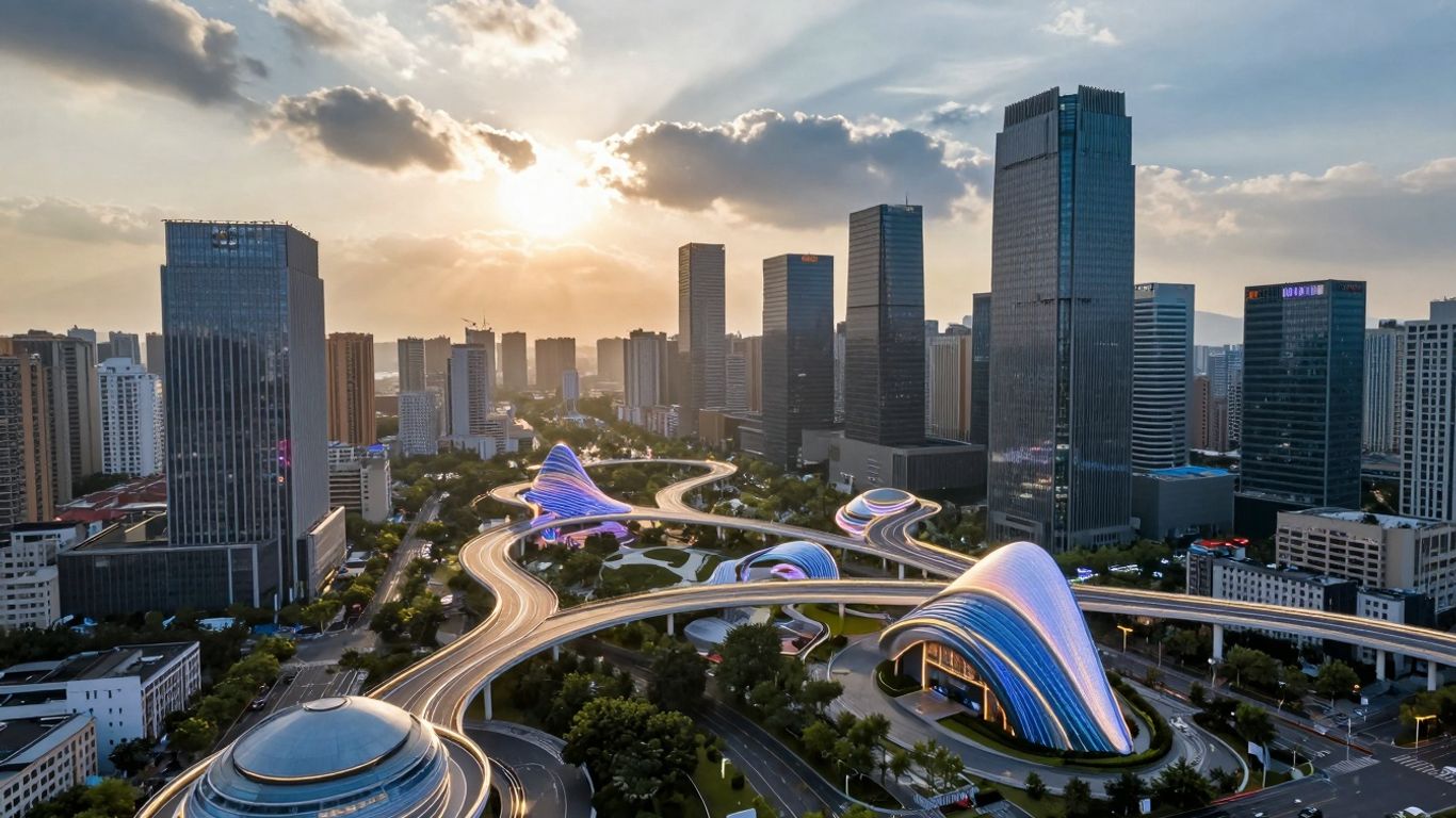 Modern cityscape with glowing pathways connecting structures at dawn.