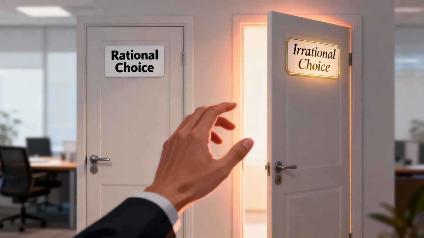 Person choosing between rational and irrational financial decisions.