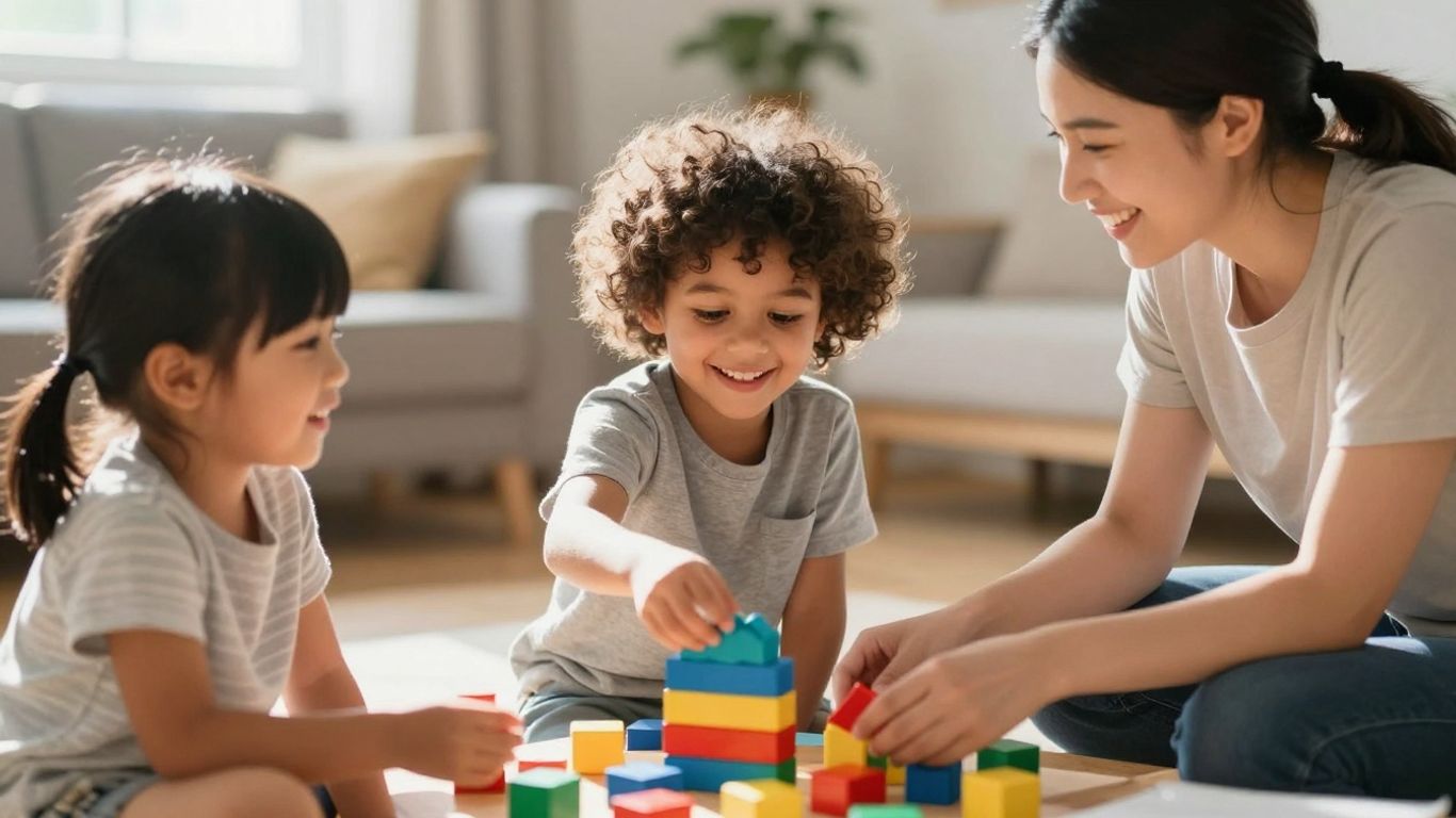 Child and therapist interacting positively with toys.