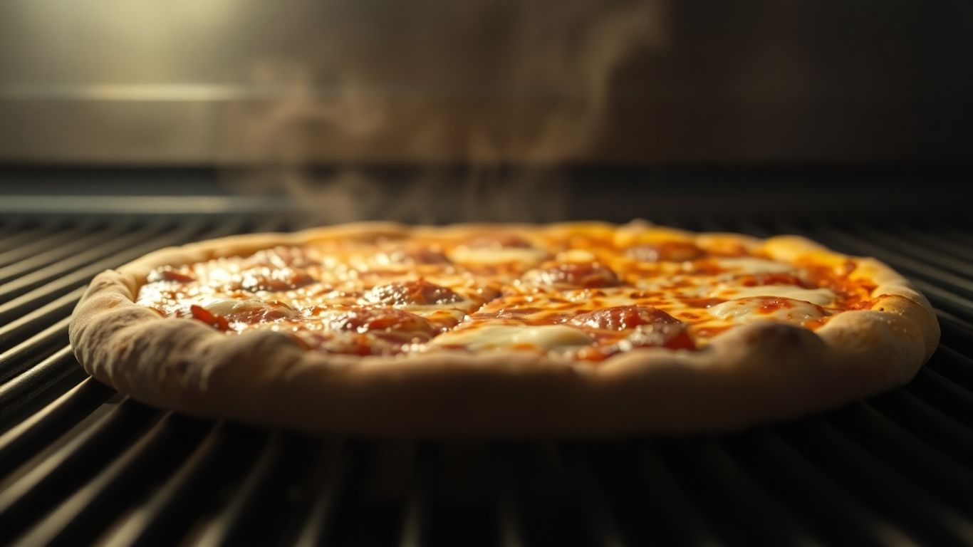 Perfectly baked pizza emerging from a conveyor oven.