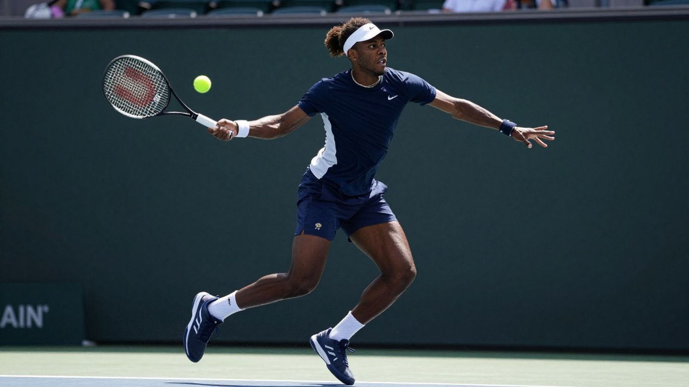 Jucător de tenis în acțiune, lovind mingea.