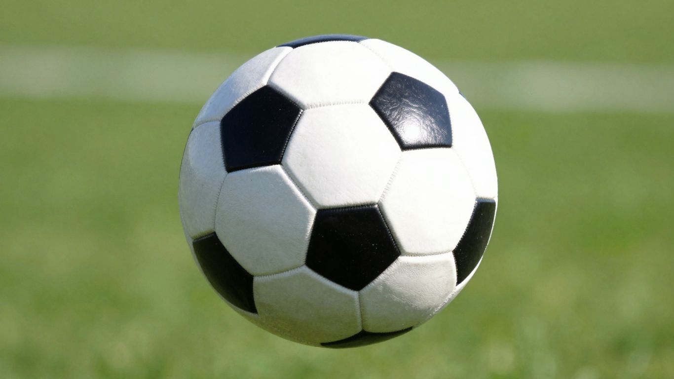 Professional soccer ball in motion on grass field.