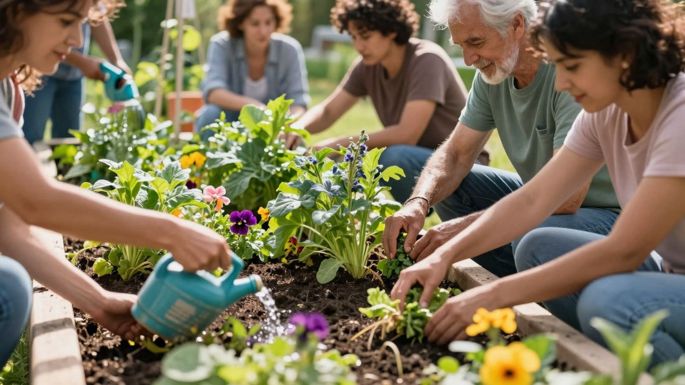Menschen teilen Pflanzen in einem Gemeinschaftsgarten.