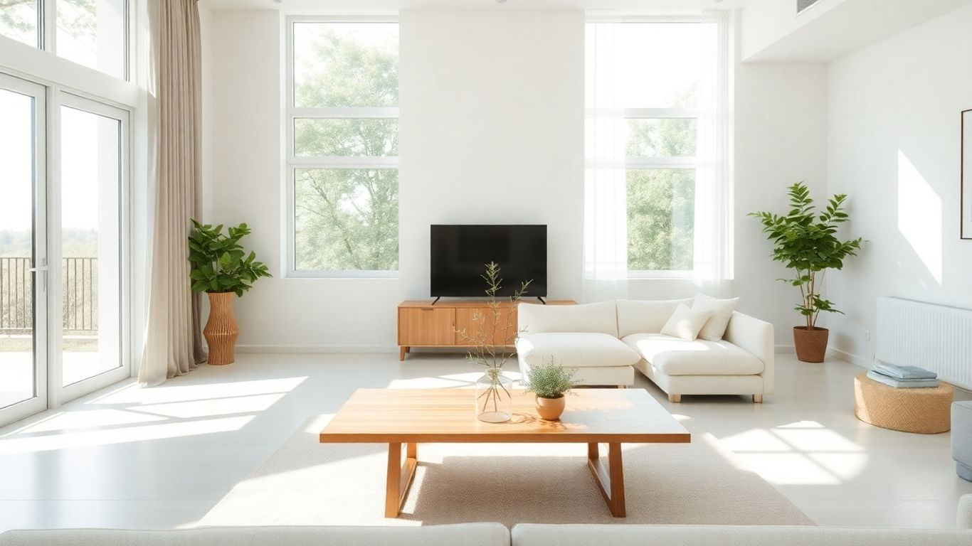 Decluttering estetic – cum scapi de ce e inutil și îți faci loc pentru idei noi 1 Interior minimalist luminos, curat și aerisit, cu plante verzi.