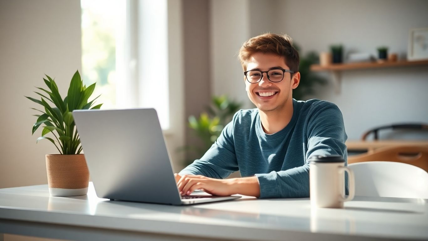 Young person working remotely from home.