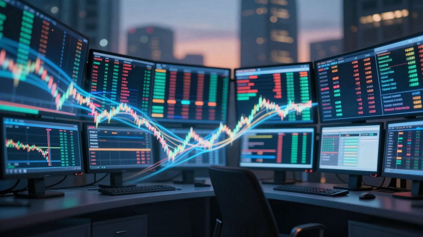 Financial trading terminals with abstract data streams and cityscape.
