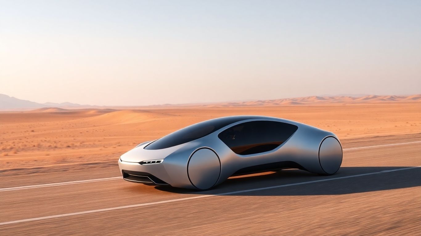 Tesla robotaxi driving on a desert road.