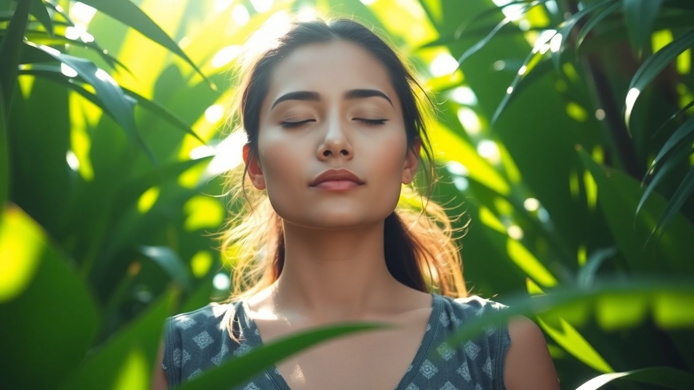 Woman meditating in lush Balinese greenery