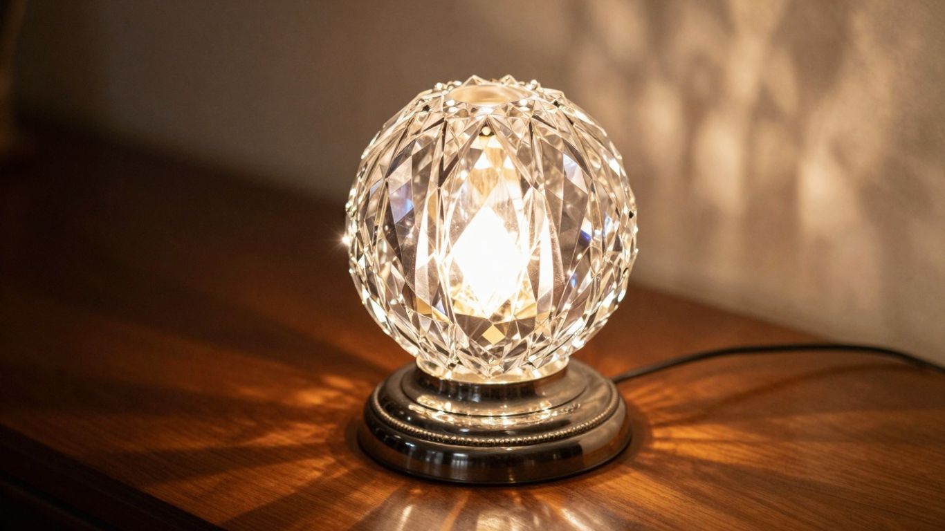 Elegant crystal table lamp with sparkling light reflections.