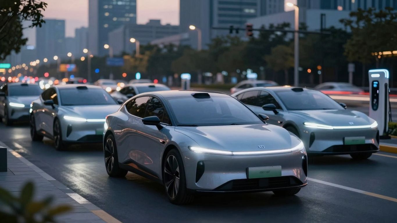 Futuristic electric vehicles from startups in a modern city.