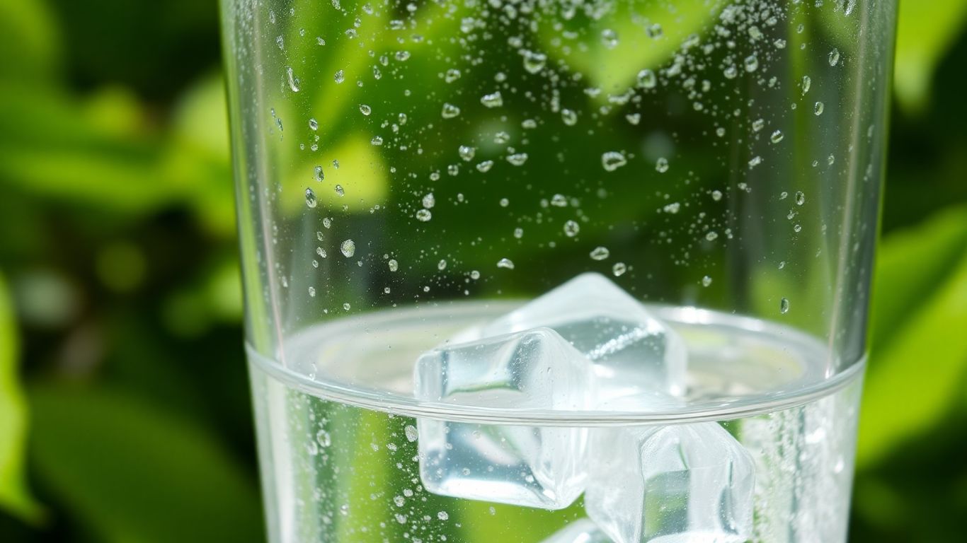 Glass of sparkling water with ice and condensation.
