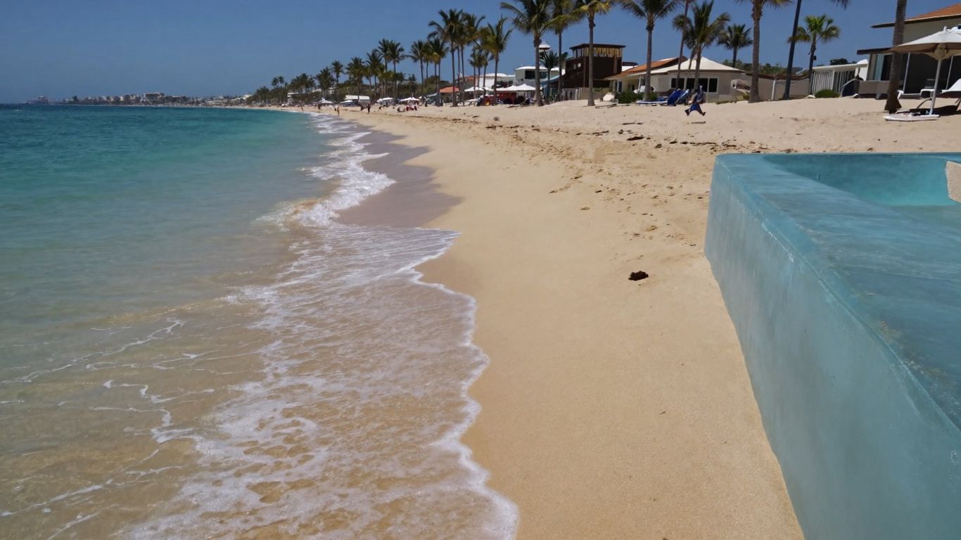 Calm Cabo beach with turquoise water and palm trees.