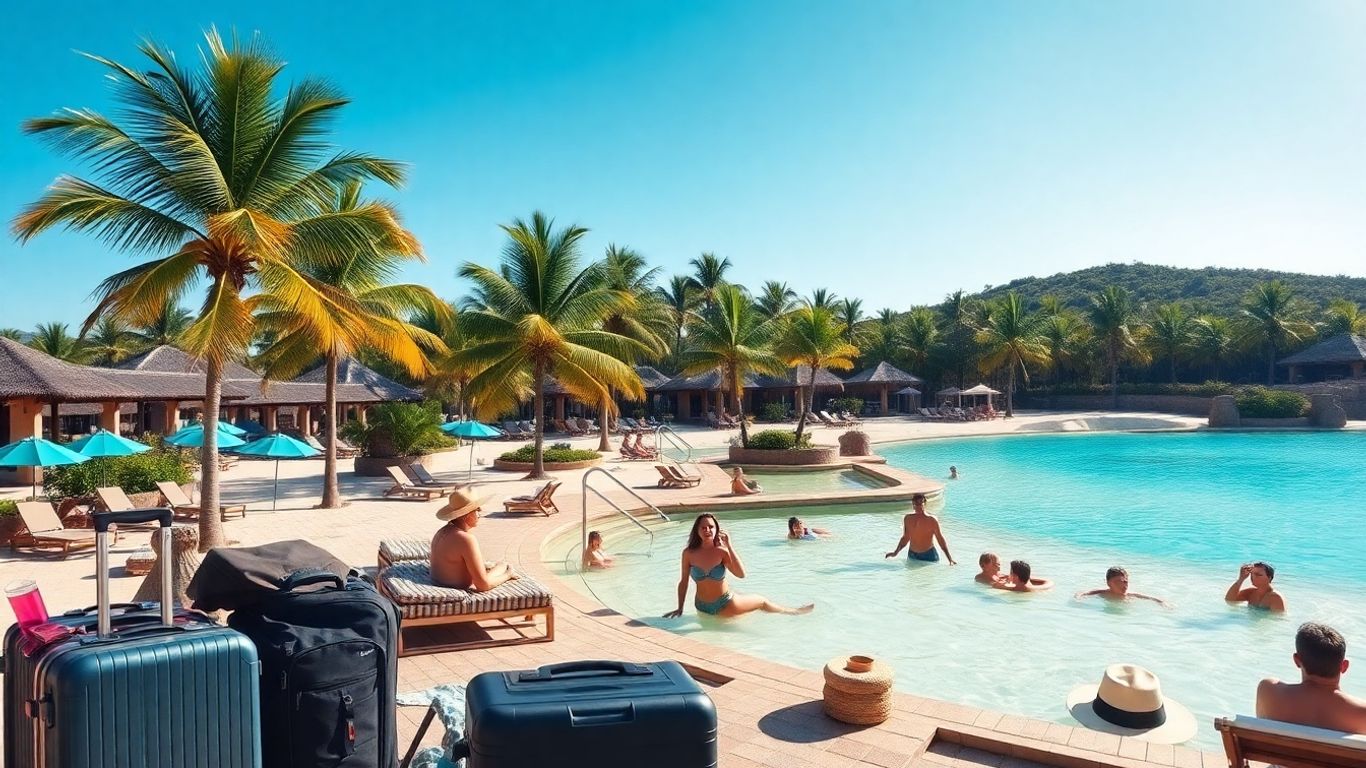 Travelers relaxing at a tropical resort poolside