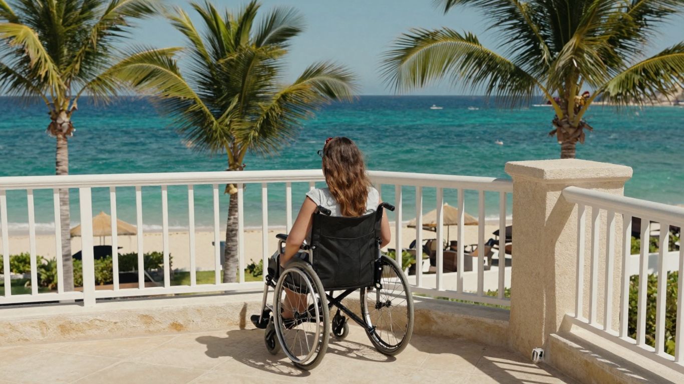 Wheelchair user on Cabo resort balcony overlooking the ocean.