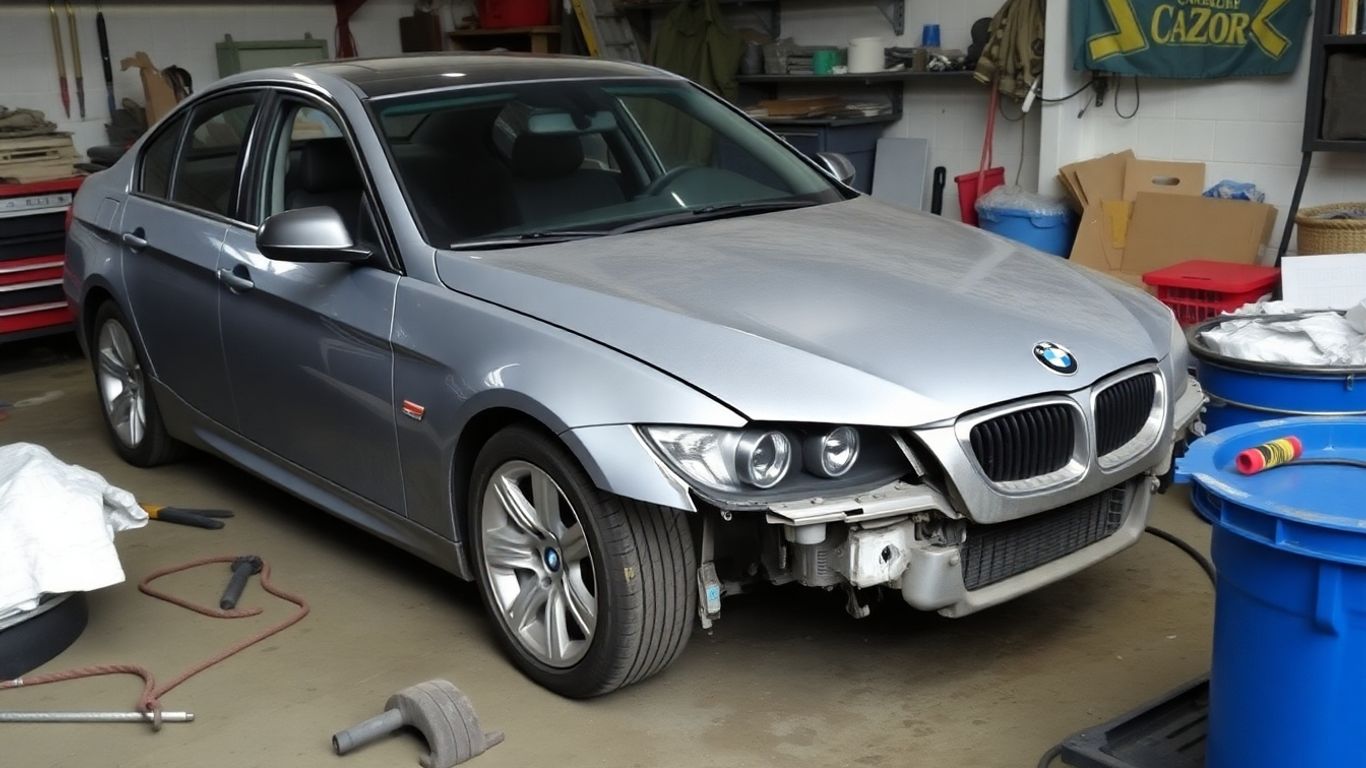 BMW car undergoing repair and restoration process.