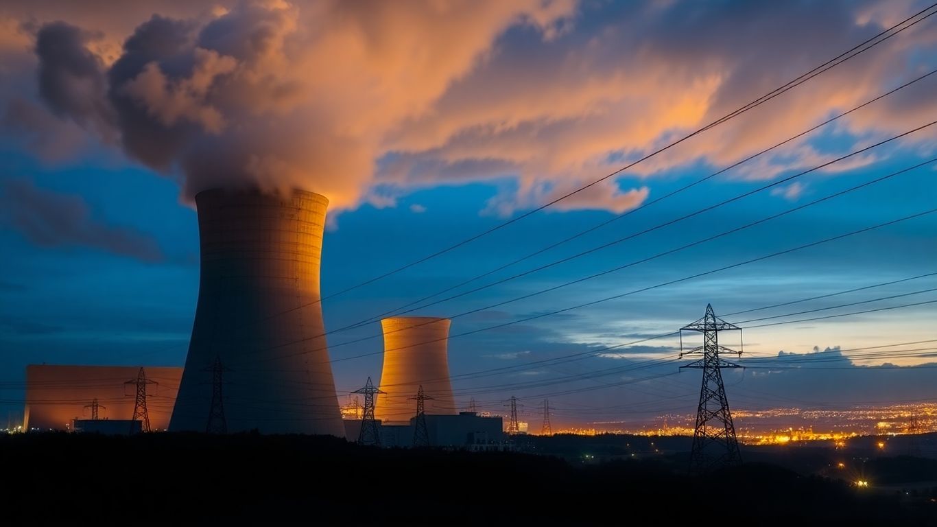 Centrale nucléaire imposante avec tours de refroidissement et lignes électriques.