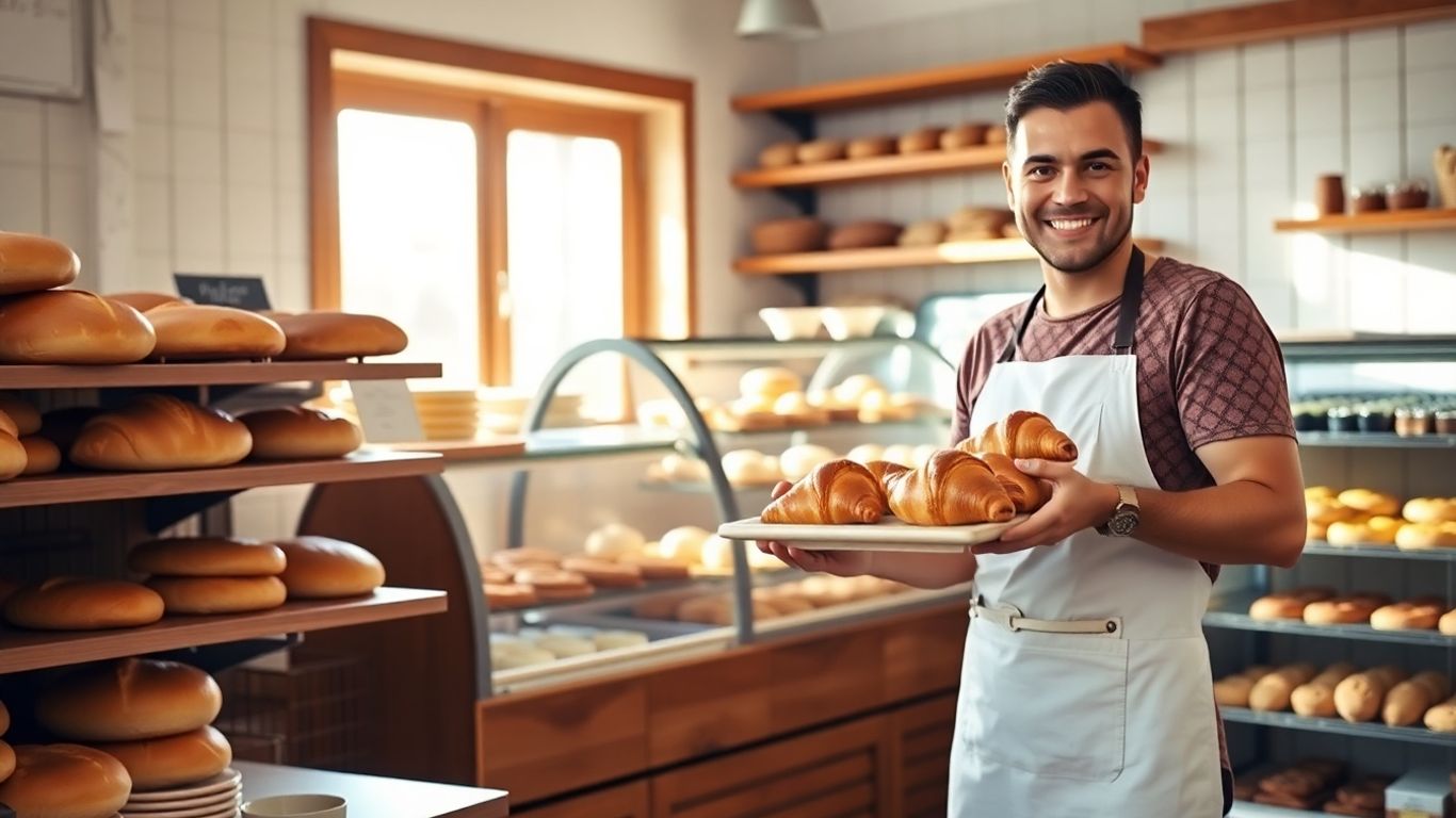 Bäckerei mit Brot, Kuchen und lächelndem Bäcker