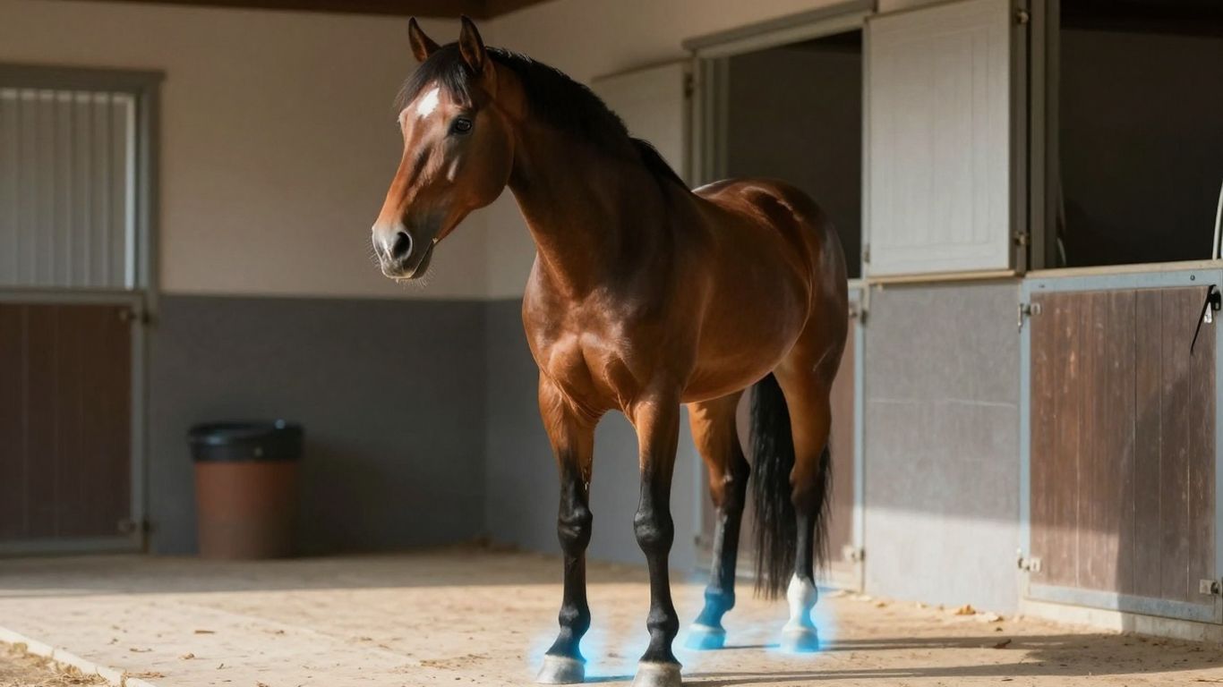 Horse receiving PEMF therapy in a stable.