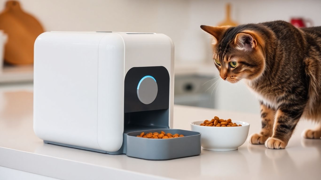 Smart wet food feeder with a cat nearby.