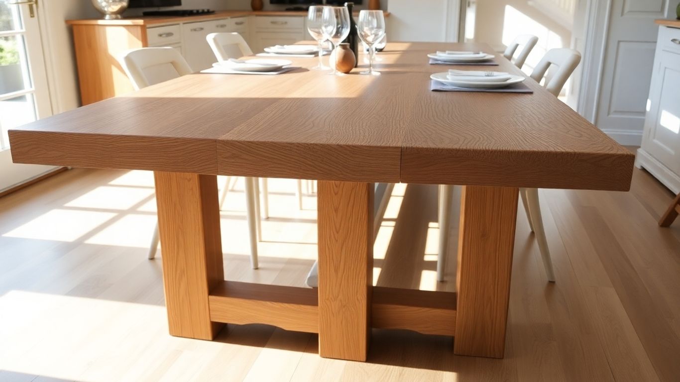 Solid oak dining table in a modern dining room.