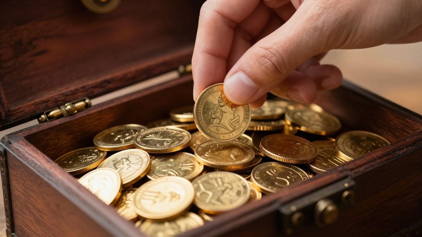 一只金手将一枚金币放入箱子中。