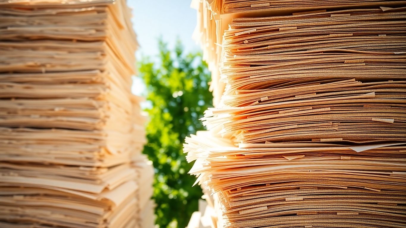 Bales of recycled paper stacked neatly.